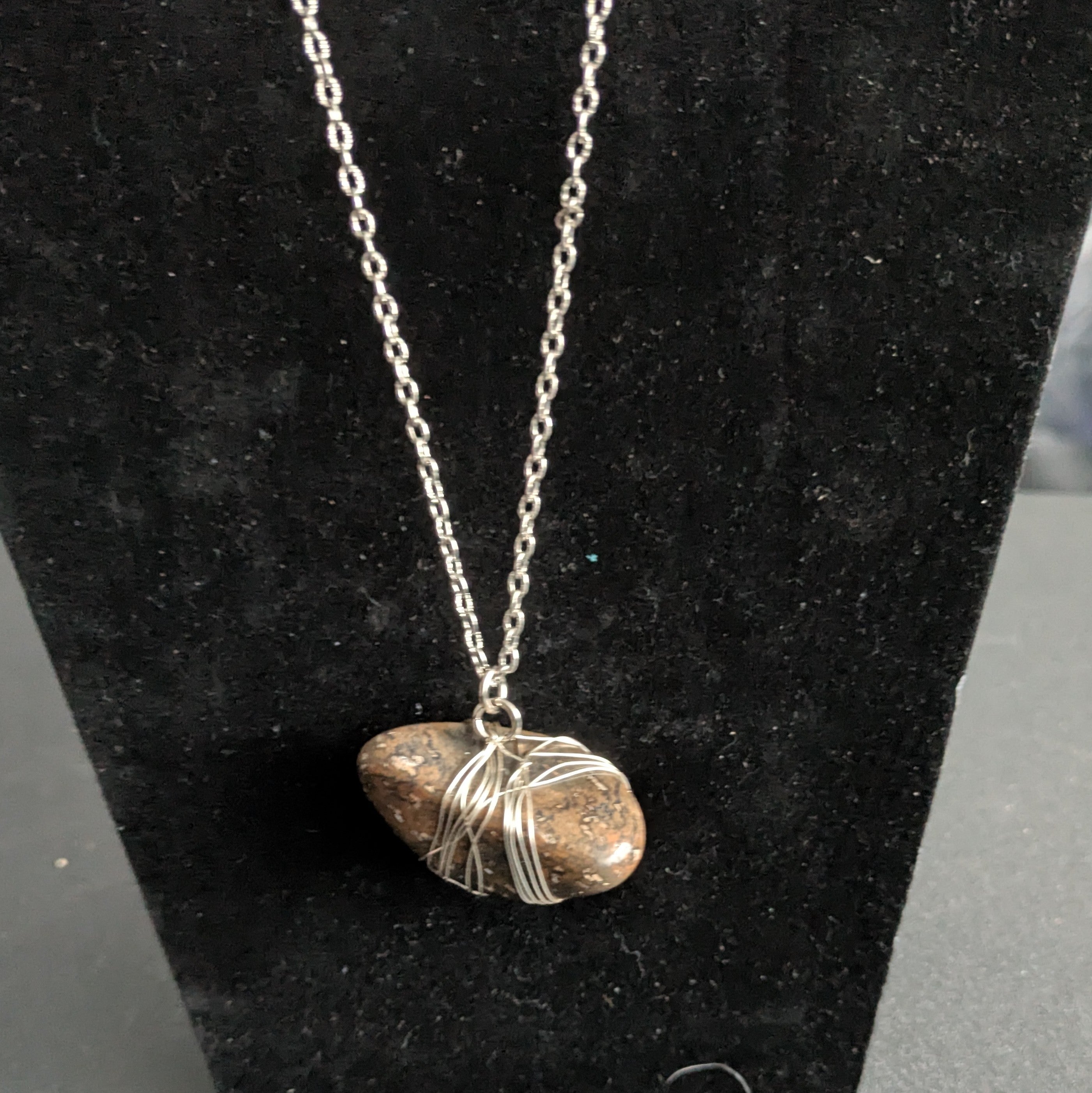 Brown Gemstone Silver Plated Wire Wrapped Pendant Necklace Necklace