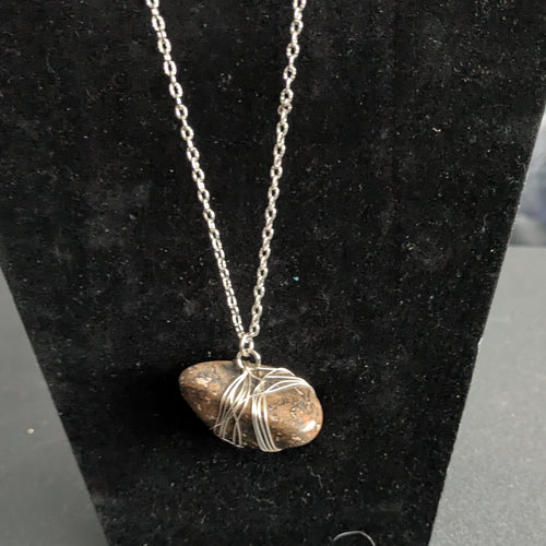 Brown Gemstone Silver Plated Wire Wrapped Pendant Necklace Necklace