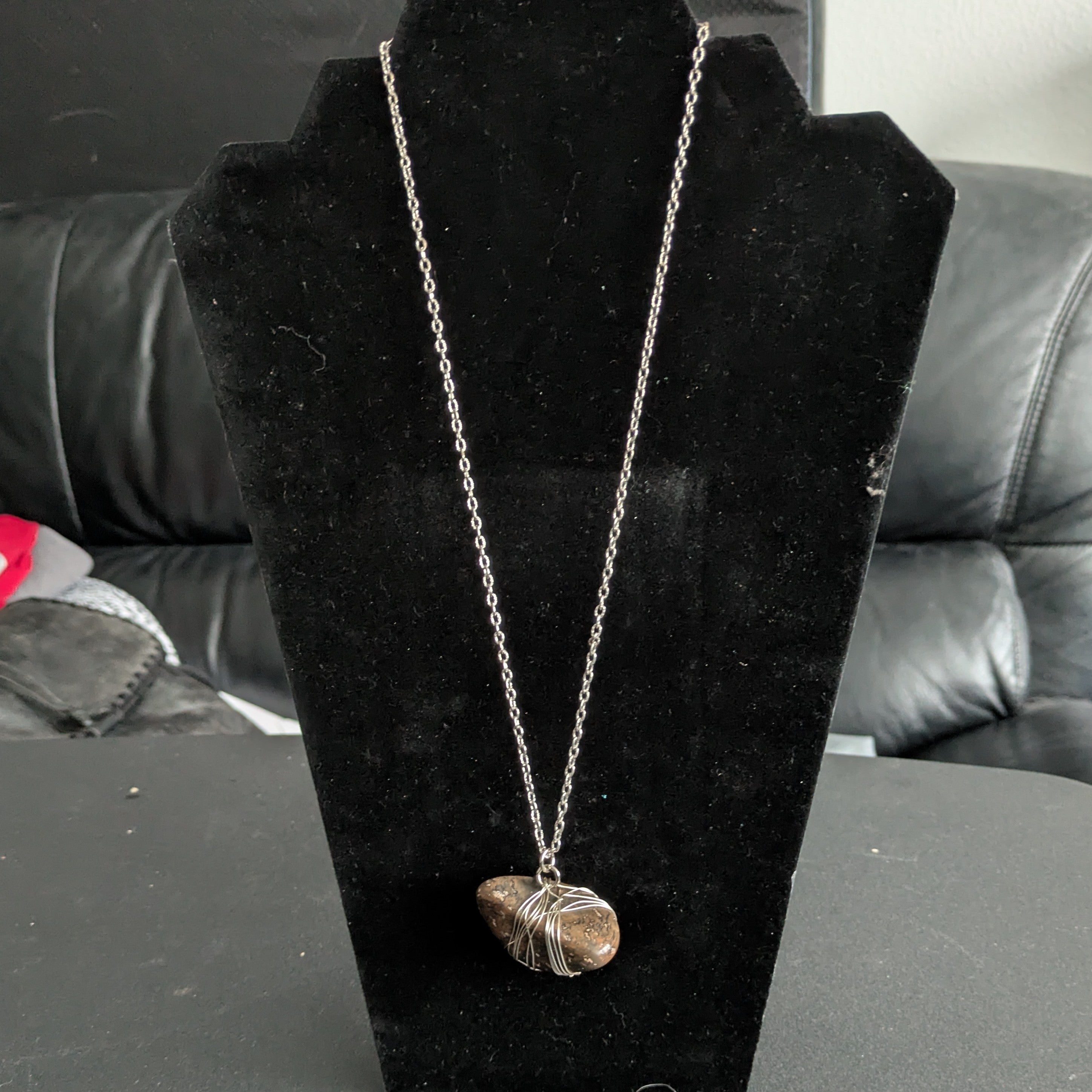 Brown Gemstone Silver Plated Wire Wrapped Pendant Necklace Necklace